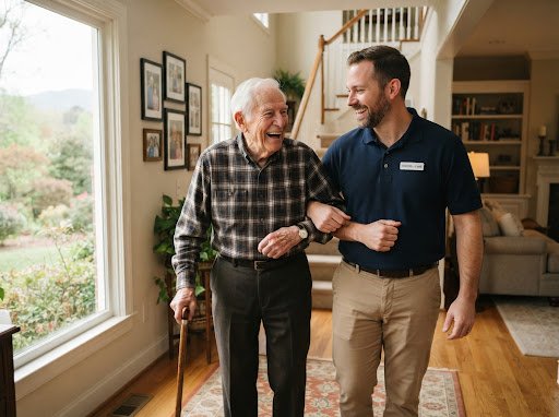 Compassionate senior care caregiver walking alongside smiling client in Hendersonville NC